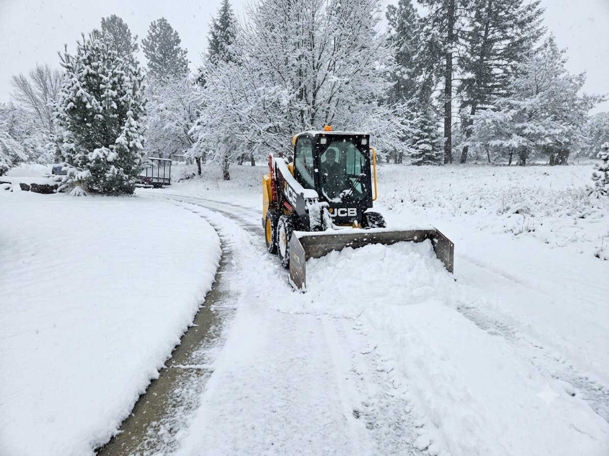 Skid steer clearing deep snow from a curved driveway in Coeur d'Alene