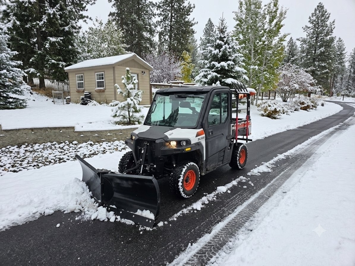 Utility vehicle plowing a private road after a North Idaho snowfall